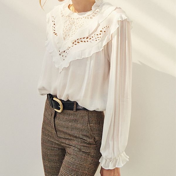 

2021 new white shirt women's hollow out ruffles sweet early autumn long sleeve blouse & 3805, Black