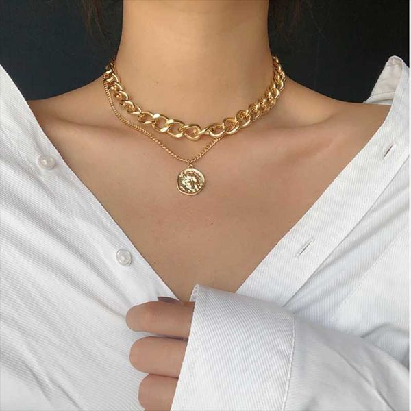 

pendant necklaces ins hip hop clavicle chain tide double thick coin neck euramerican necklace woman, Silver