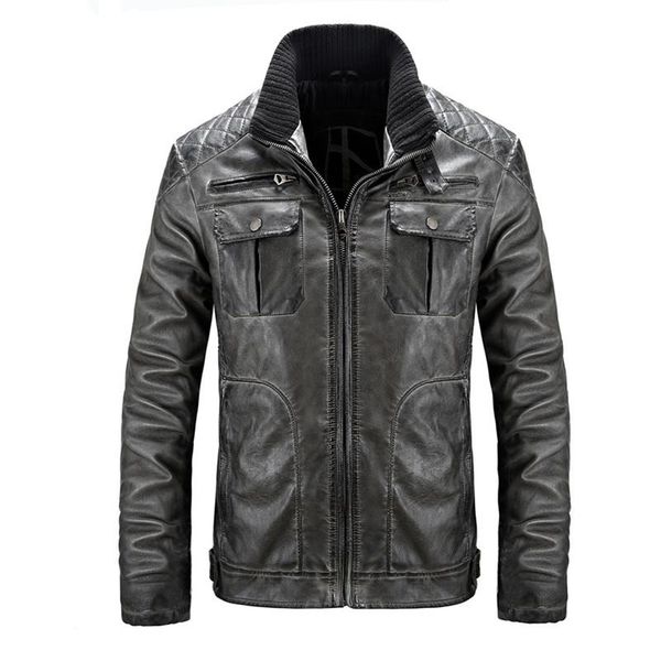 

men's fur & faux autumn dmen motorcycle jacket fashion stand collar old men clothing casual fit long sleeve leather, Black