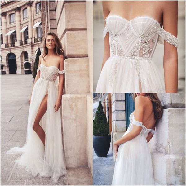 

elihav sasson side split wedding dresses lace appliqued bridal gowns off the shoulder beaded crystal boho backless robes de mariÃ©e, White