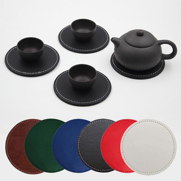 

mats & pads 7pcs leather cup pu drinking set holder non-slip round coffee mat black tabletop