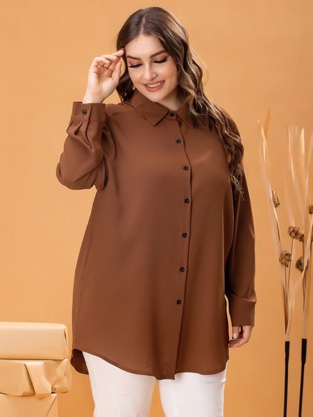 

plus solid curved hem blouse v6gq#, Black