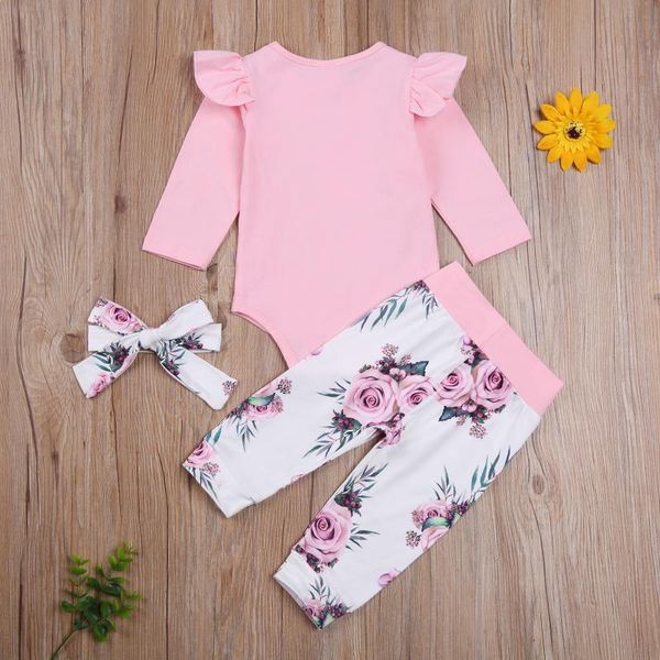 

clothing sets 0-24months born infant baby girls clothes ruffle long sleeve bodysuits flower pants+headband 3pcs outfits set, White