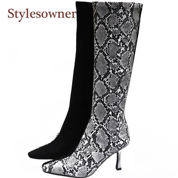 

boots square toe color-block stretch velvet high-heel snake print high-tube back zipper stiletto autumn and winter, Black