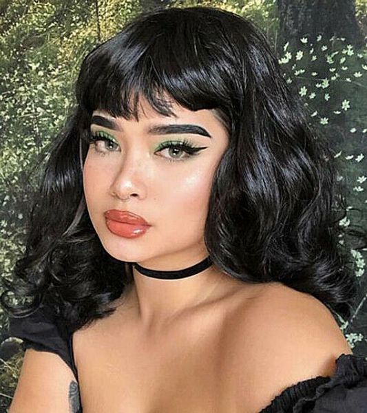 

black body wave short hair with bangs cospaly women synthetic wigs no-lace