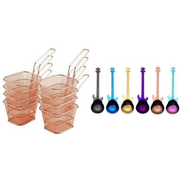 Kaşık 8 PCS Mini Kare Paslanmaz Çelik Fransız Tavan Kızartma Sepeti 6 Sevimli çay kaşığı gitar şeklindeki