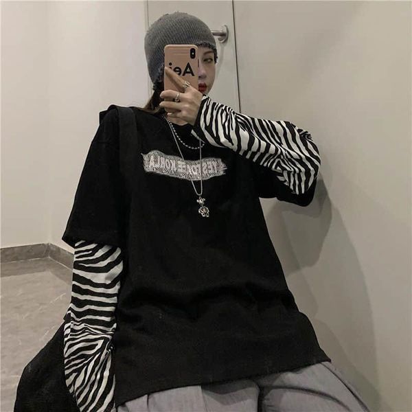 

women's t-shirt men's and fake two pieces of dark black early autumn korean zebra pattern stitching long sleeve goth, White