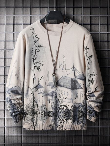 

men ink painting pattern sweater d0a1#, White;black