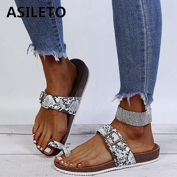 

asileto new 2021 women sandals clip toe flat buckle snake-skin cherry stylish comfy soft big size 36-43 casual beach b2394, Black