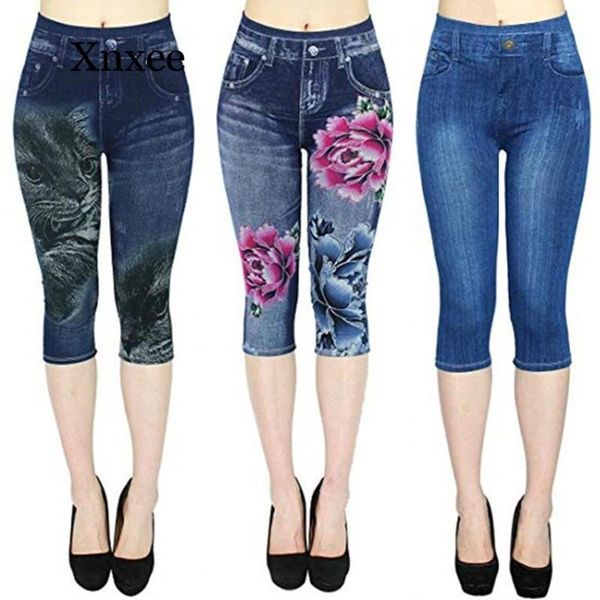 

women's jeans stretch women elastic printed female slim denim pants animal flower pattern calf-length trousers, Blue