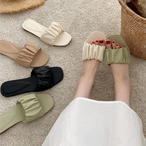 

slippers fashion pleated women slipper flat heel open toe ladies slides summer outdoor beach sandal shoes slip on home flip flops, Black