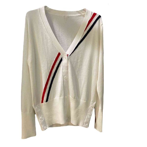 

aw21 tb contrast diagonal stripe v-neck wool cardigan long sleeve coat sweater short women, Black