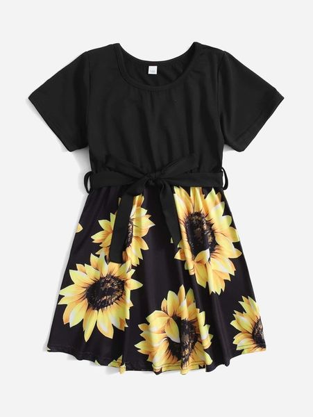 

toddler girls 1pc sunflower print belted dress she, Red;yellow