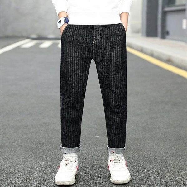 

jeans 2021 autumn kids boys casual cotton high waist long straight denim trousers children clothing striped pants x57, Blue