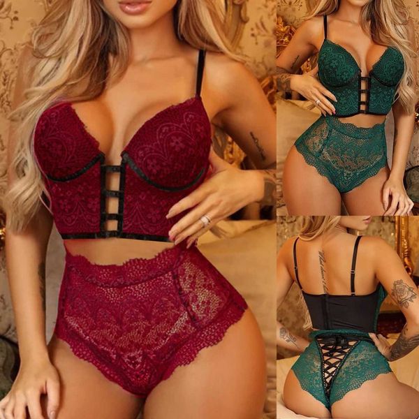 

lingerie plus size women lace wireless bra tempting solid color hollow out set bandage thong underwear 2021, Black