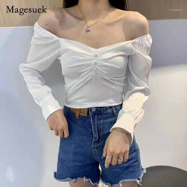 

women's blouses & shirts 2021 summer solid shirt for women off shoulder bubble sleeve fairy sweet casual slim long blusa 15611, White