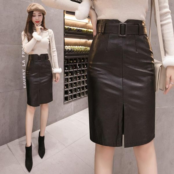 

skirts tom hagen autumn winter elegant pencil midi high waist black pu leather split sheath wrap with belt female 2021