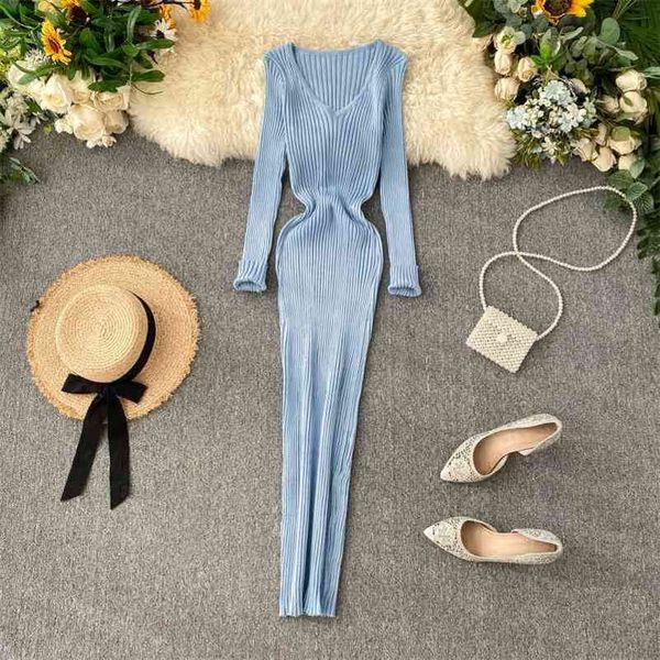 

spring autumn bodycon dres long sleeve v neck solid midi es ladies elegant knitted swaeter robe 210602, Black;gray