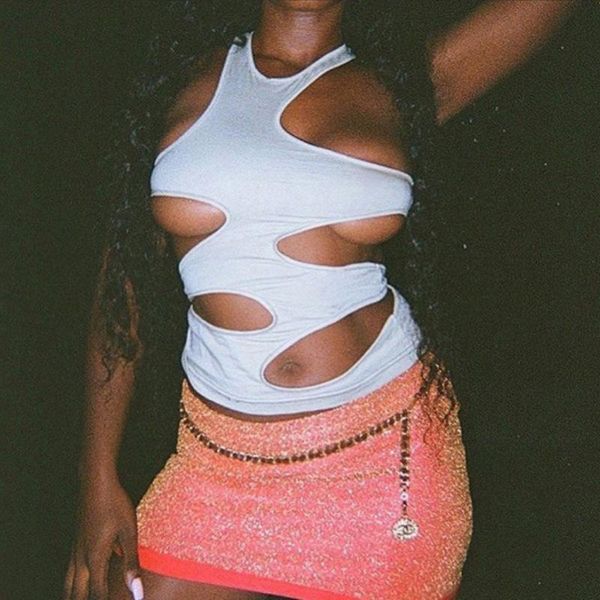 

women's t-shirt 92k21l00258 summer loose fitting pullover round neck sleeveless irregular hollow out solid color casual vest, White