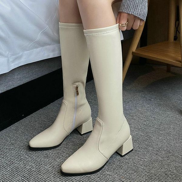 

boots fashion winter women's elastic 5cm square root round knee high spring and autumn slim fit women with zipper, Black