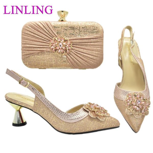 

dress shoes 2021 african est italian design mid heels party women and bag set with special narrow band sweet champagne color, Black