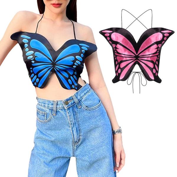 

women's tanks & camis women halter crop cami , sleeveless self-tie backless butterfly camisole 2022 summer, White