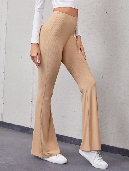 

high waist rib-knit flare leg pants f7l0#, Black;white