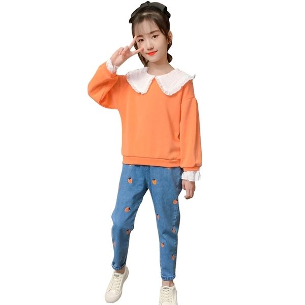 

kids clothes girls sweatshirt + jeans clothing casual tracksuit girl spring autumn tracksuits for children 6 8 10 12 14 210528, White