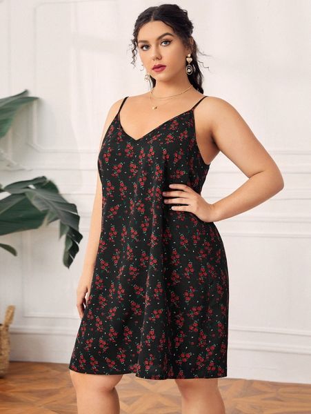 

plus allover floral print cami dress c2qo#, Black