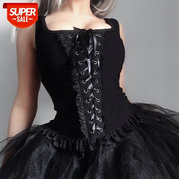 

insgoth black bandage tank gothic grunge vintage lace women tank streetwear sleeveless sext mesh ruch ruffle #hk7a, White