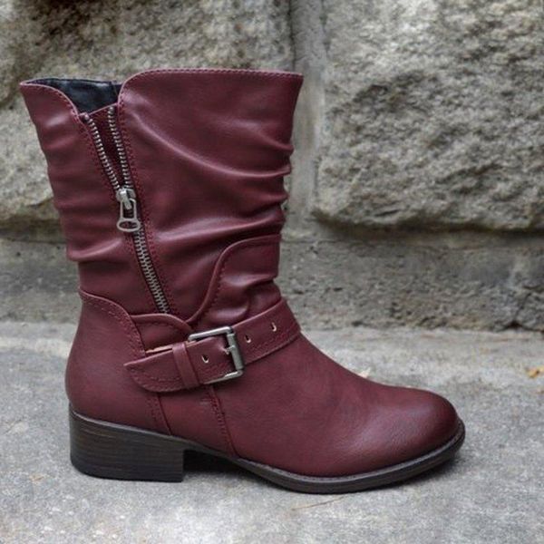 

boots 2021 women mid-calf low heels shoes woman pu leather autumn warm plus size shoe chaussures, Black