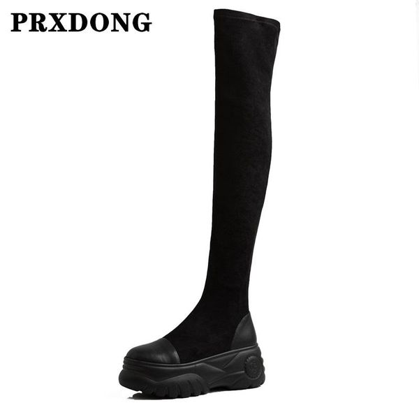 

boots 2021 autumn winter warm shoes woman short wedges high heels platform black gray casual elastic knee 34-39