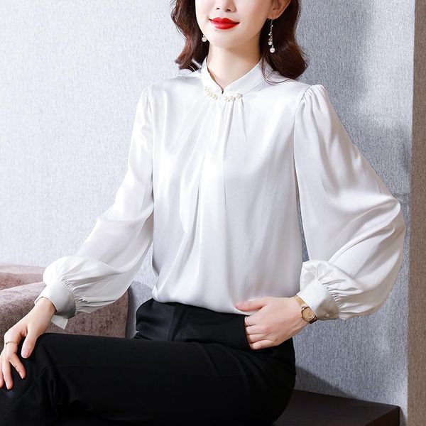 

women's blouses & shirts 2021 fashion autumn satin blouse nail bead for women long sleeve stand neck clothes female basic shirt ol, White