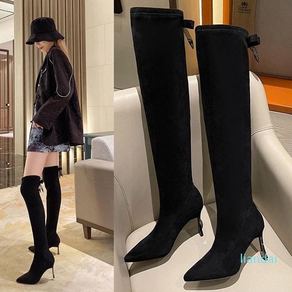 

boots female long over-the-knee 2021 autumn and winter high leg boot stretch stiletto heel heels all-match pointed toe, Black