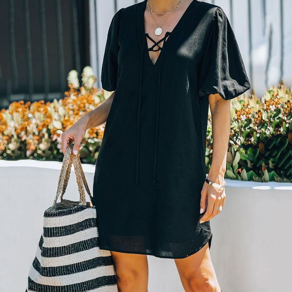 

casual dresses women's summer solid bubble sleeve v-neck dress fashion ladies v neck short loose, Black;gray