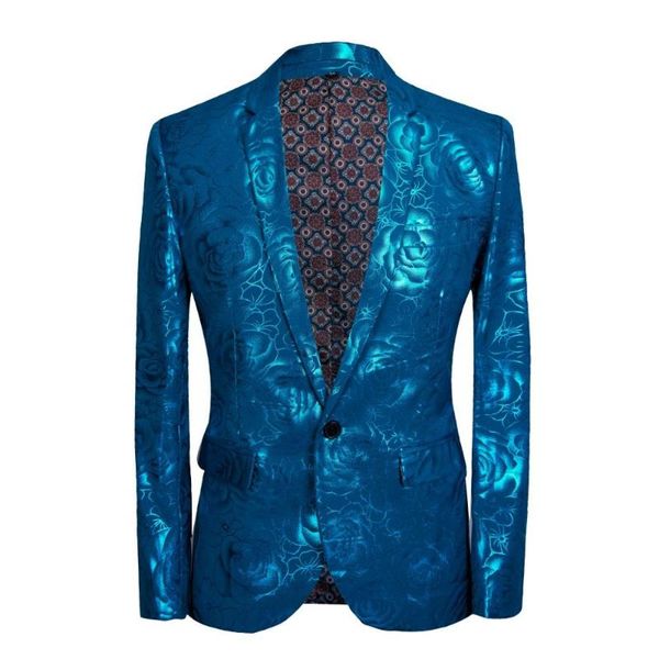 

shiny blue rose print mens suit jacket slim fit blazer single button stage costumes for singers plus size 5xl, White;black