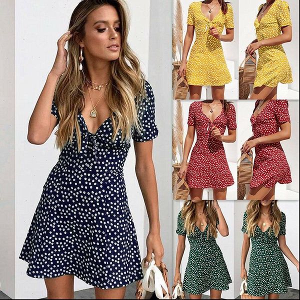 

new women summer casual short sleeve floral boho dress party evening beach v neck dress fashion mini dresses, Black;gray