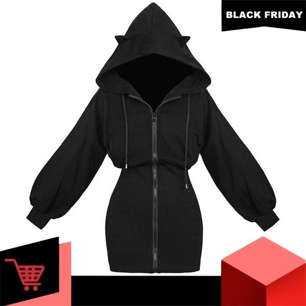 Winter Warme Lange Hoodies Sweatshirt Frauen Mode Patchwork Nette Ohr Katze Mantel Herbst Zipper Gothic Schwarz Sweatshirt Weibliche 201126