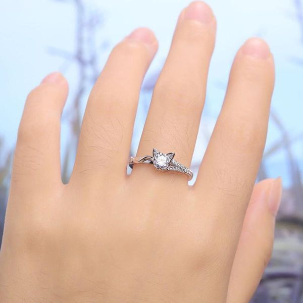 

cluster rings cute silver color cat ear finger ring jewelry round zircon wedding for women girl's gifts engagement anillos d5t637, Golden;silver