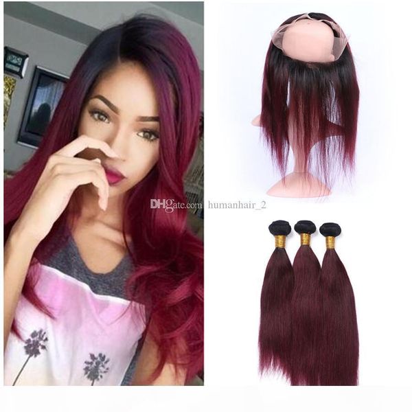 

ombre #1b 99j burgundy pre plucked 360 full lace band frontal closure with two tone wine red soft virgin human hair straight bundles, Black;brown