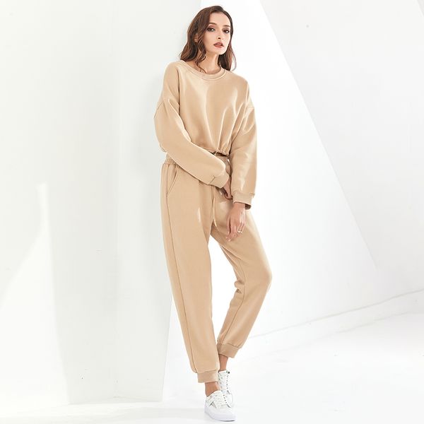 

loose minimalist set for women o neck long sleeve casual pants solid black sets female fashion new clothing, White