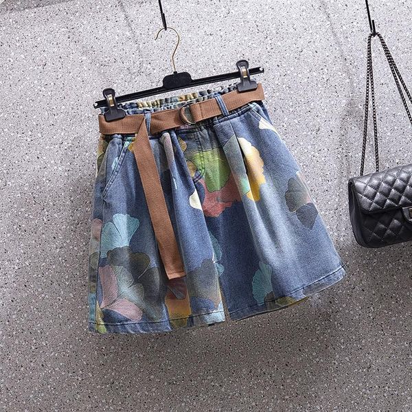 

women's shorts 2021 printing harajuku jeans summer pants retro elastic high waist large size loose casual denim wide leg, White;black