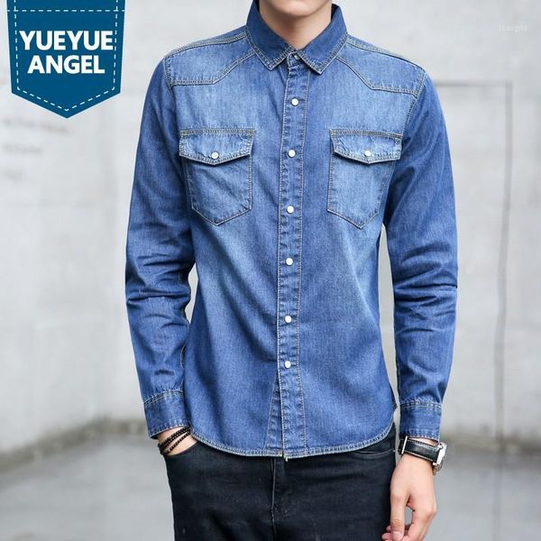 

autumn long sleeve denim shirt men washed slim fit casual high street single breasted blue work jean shirt male oversize1, White;black