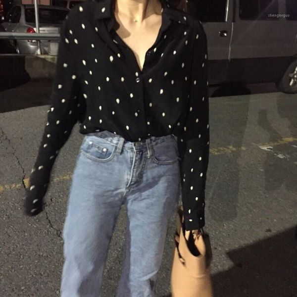 

autumn chiffon polka-dot long-sleeved thin sunscreen clothing korean chic casual ladies shirt women's blouses & shirts, White