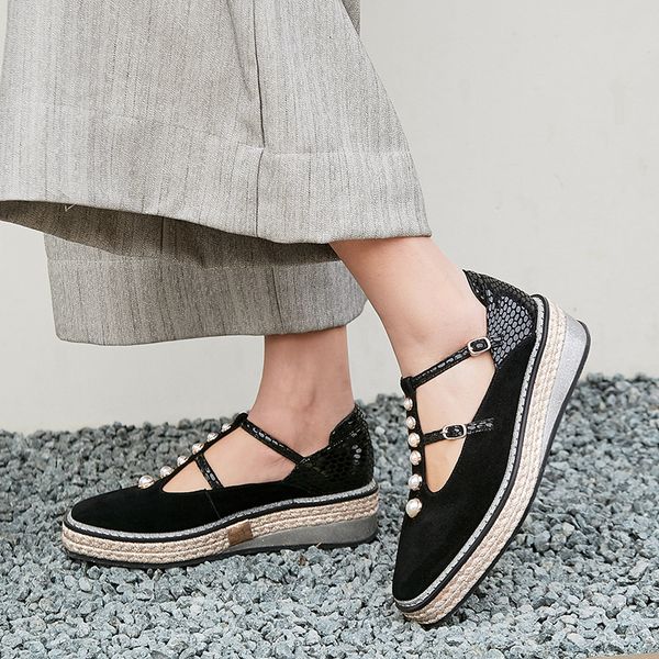 

womens genuine suede leather t-strap flats brand designer beading female platform flats leisure espadrilles spring new shoesdress shoes, Black