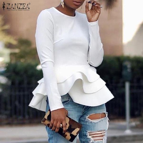 

women's blouses & shirts elegant solid ruffle flounce blouse zanzea spring long sleeve peplum tunic female o neck blusas plus size, White