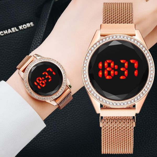 

watch bands luxury digital magnetic watches for women rose gold diamond led ladies quartz female clock relogio feminino drop, Black;brown