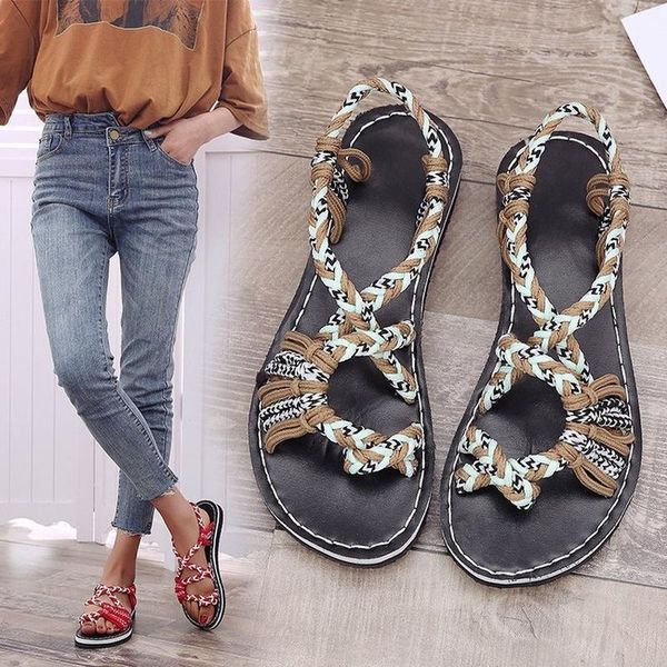 

summer roman sandals women cross strap color matching rope knot clip toe flip flops gladiator summer beach comfortable sandals, Black