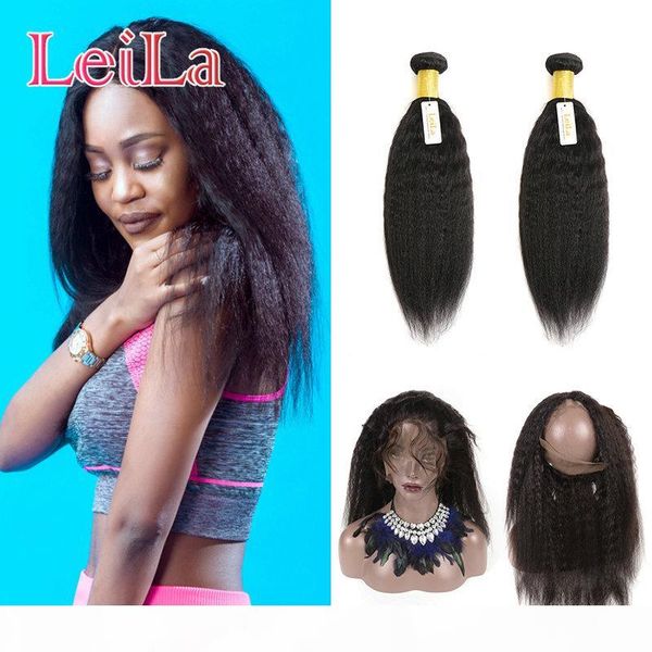 

peruvian virgin hair 360 lace frontal with 2 bundles kinky straight 100% pre plucked 360 lace frontal with hair extensions kinky straight, Black;brown