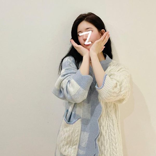 

women's knits & tees 2021 autumn and winter sweet color matching plaid sweater cardigan mid-length coat, White